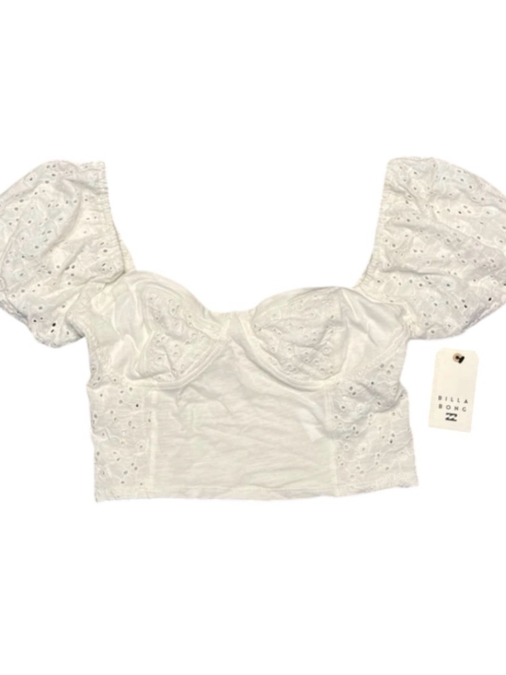Billabong Last Kiss White Eyelet Crop Top Fitted Puff Sleeve Ladies Large NWT